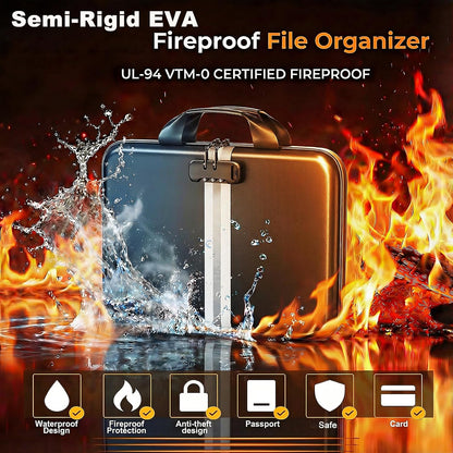 Fireproof Document Organizer with Lock, Semi-Rigid EVA Shell File Box with 13-Pocket Accordion Folder, Water-Resistant Storage for Important Documents, Passports & Certificates