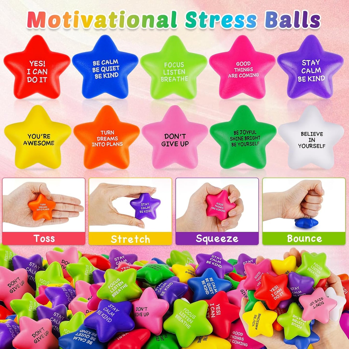 SHQDD 36PCS Stress Balls for Adults & Kids, Motivational Soft Foam Squeeze Toys with Inspiring Quotes for Anxiety & Anger Relief, Perfect for Office, School, Home Use or as Party Favors