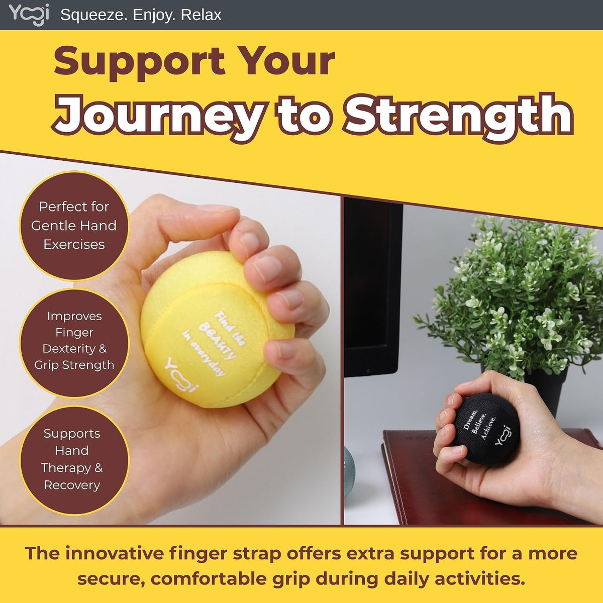 Yogi Stress Ball, Finger Strap, Stress Relief, Squeeze Ball for Anxiety