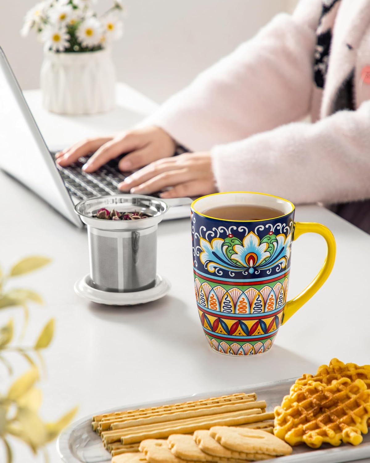 vancasso Ceramic Tea Mug with Infuser and Lid, 18 Ounce Bohemian Loose Leaf Cup, Microwave & Dishwasher Safe, Perfect for Tea, Coffee, Burnt-Cobalt Mandala