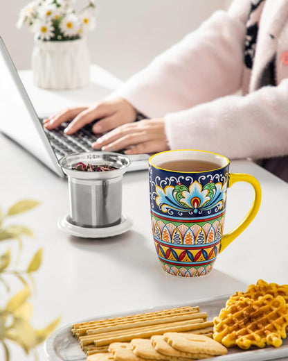 vancasso Ceramic Tea Mug with Infuser and Lid, 18 Ounce Bohemian Loose Leaf Cup, Microwave & Dishwasher Safe, Perfect for Tea, Coffee, Burnt-Cobalt Mandala