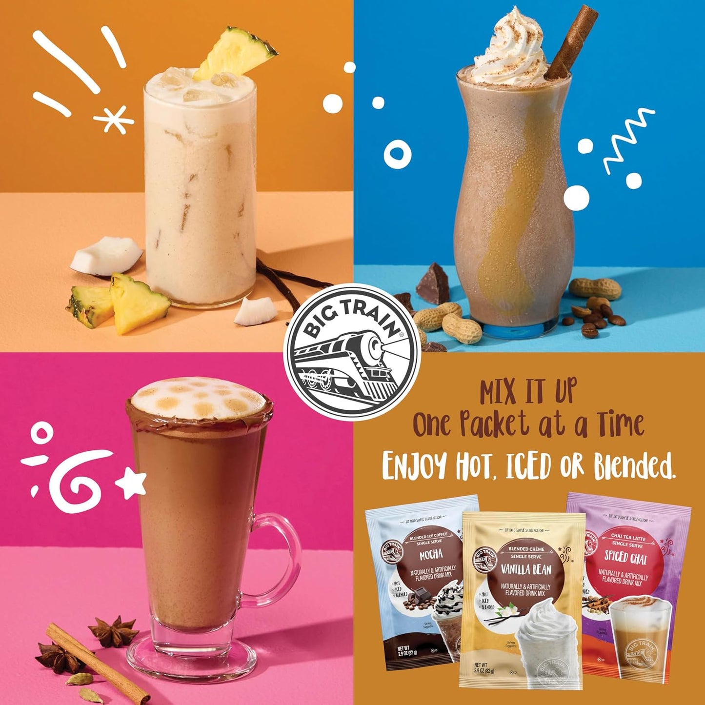 Big Train Spiced Chai Tea Latte Beverage Mix, 2.9 oz Packets (Pack of 12)