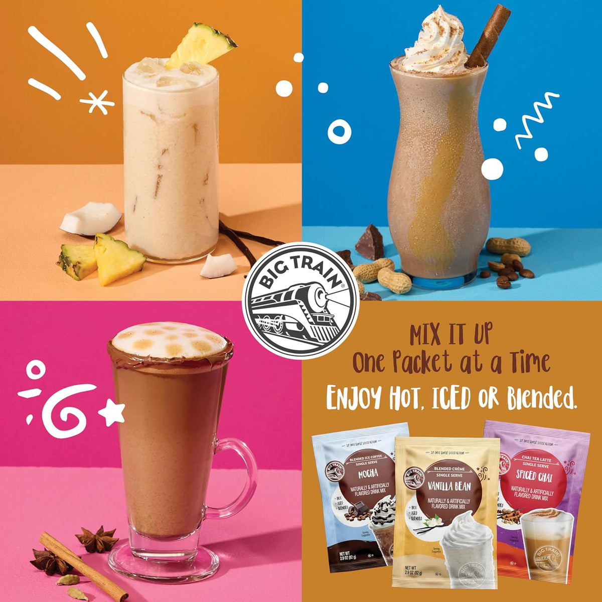 Big Train Spiced Chai Tea Latte Beverage Mix, 2.9 oz Packets (Pack of 12)