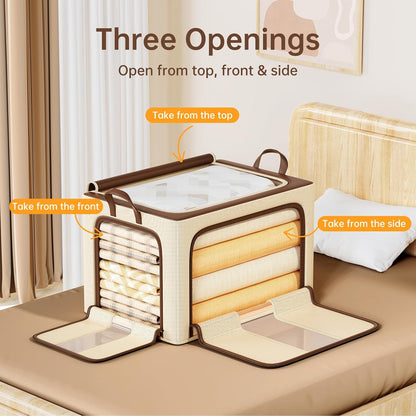 Clothes Storage Bins with Metal Frame Foldable Storage Box Clothes Organizers Storage Containers for Clothes Sheets Blankets Books Toys Gifts and Holiday Decorations (66Lx3 Pack)
