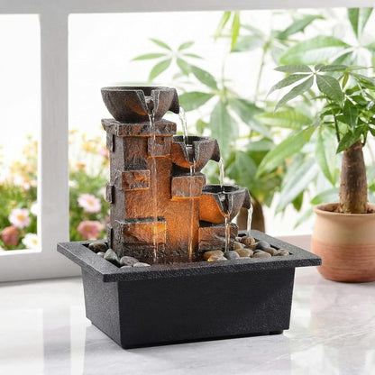 GOSSI 3-Tier Stone Wall Tabletop Water Fountain with Natural River Rocks, LED Lights, Zen Meditation Waterfall for Office and Home Decor, Relaxing Desktop Fountain, Christmas Decoration