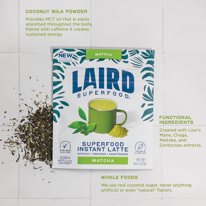 Laird Superfood Matcha Instant Latte with Adaptogens - Matcha Latte Green Tea Powder Packed with Antioxidants and Superfood Coconut Creamer - Gluten Free, Non-GMO, Vegan, 8 oz. Bag, Pack of 1