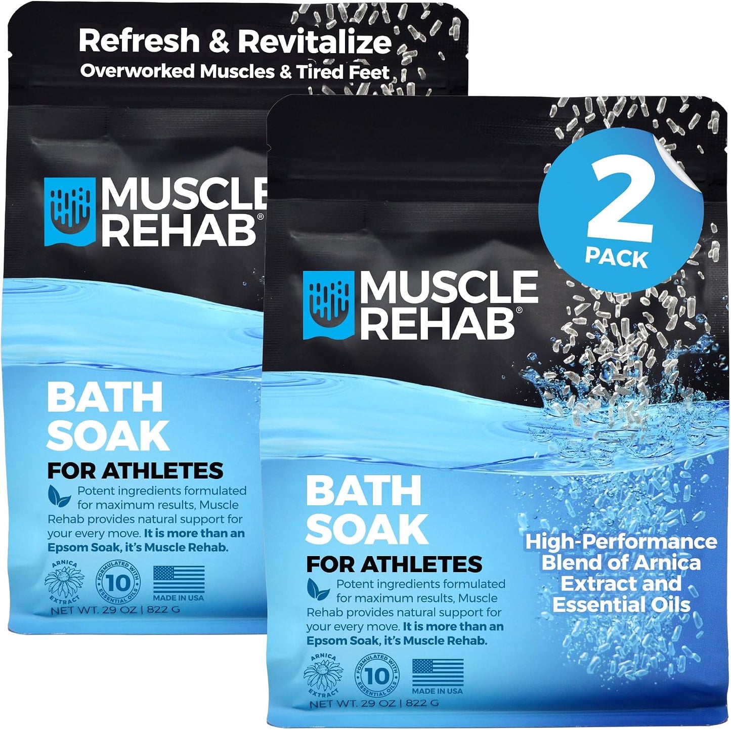 Muscle Rehab Epsom Salt Bath Soak 29 oz with Arnica - Fast-Dissolving Bath Salts for Muscle Relief and Recovery - Cooling Formula - Made in USA
