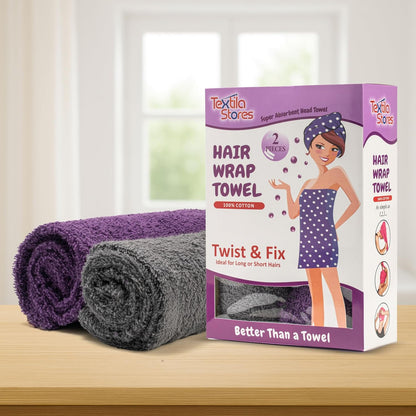 Textila 100% Cotton Hair Wrap Towels for Women (Pack of 2, Raspberry & Green) – Soft & Absorbent Turban Towels for Long, Curly, Frizz-Prone Hair