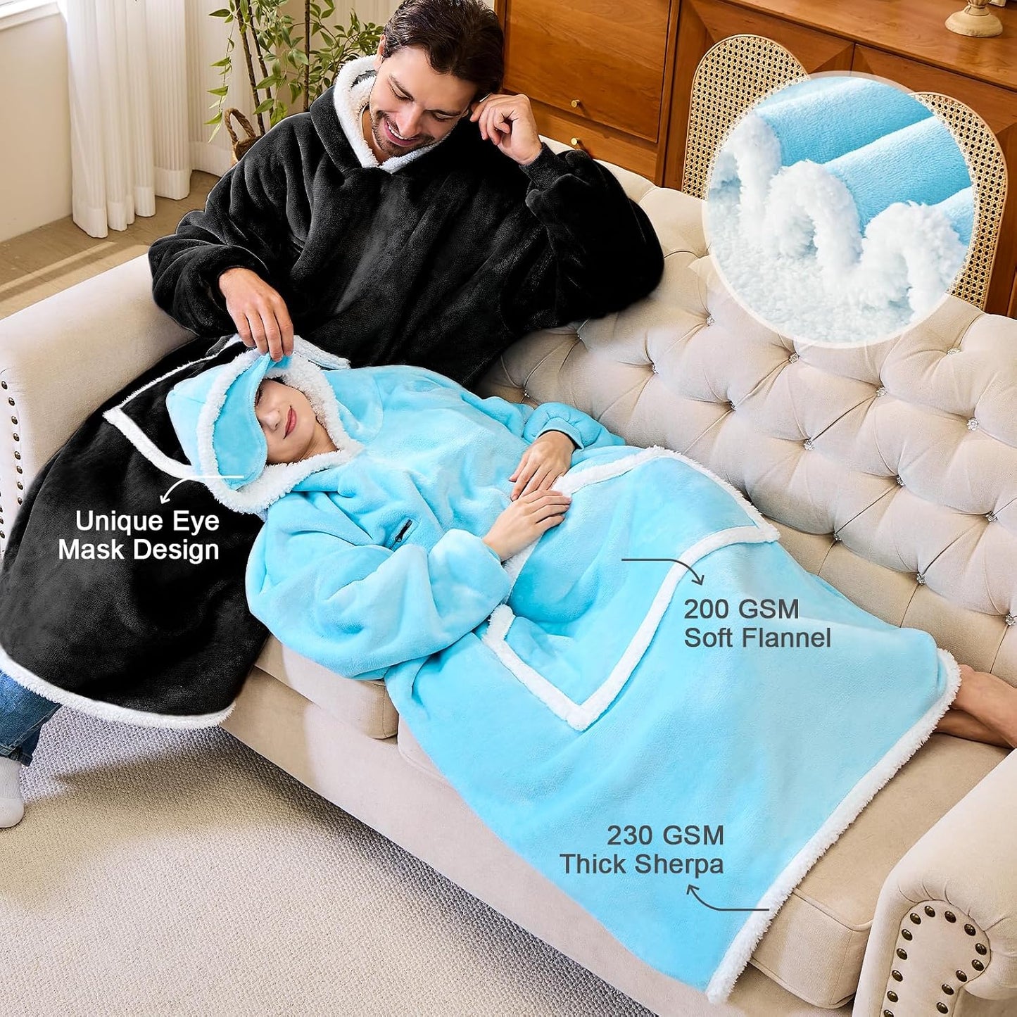 IFNOW Wearable Blanket Hoodie, Oversized Sherpa Fleece Hooded Blanket Sweatshirt with Eye Mask and Pocket, Comfy Long Flannel Blanket for Adults Men,Gifts for Women Mom Girlfriend,MoonFace