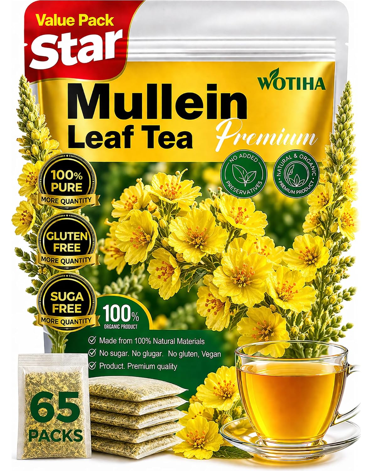 WOTIHA 65 Count Value Pack Premium Mullein Leaf Tea Bags - 100% Pure Natural Herbal tea, Lungs Cleanse & Respiratory Support, Caffeine-Free, No Additives, Non-GMO