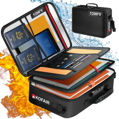 KOFAIR Fireproof Document Bag (16 x 11 x 5 inch) with Lock & Reflective Strip, Fireproof Document Lock Box with Shoulder Strap, Multi-Layer Important Document Safe Storage, Fire Safe File Organizer