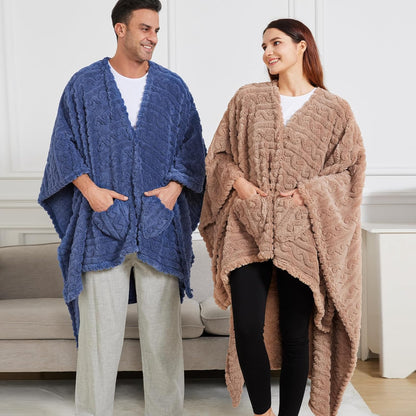 Wearable Blanket Poncho Cape Wrap for Adult, Cozy Sherpa Fleece Pocketed Shawl TV Throw Blankets for Office and Lounge(Purple,58'' x 64'')