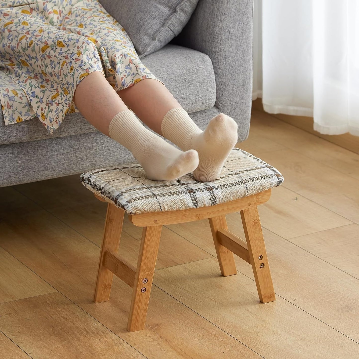 Foot Stool Ottoman Foot Rest Under Desk,Small Stool for Living Room, Bedroom and Kitchen (Brown Legs - Beige Stool Surface)