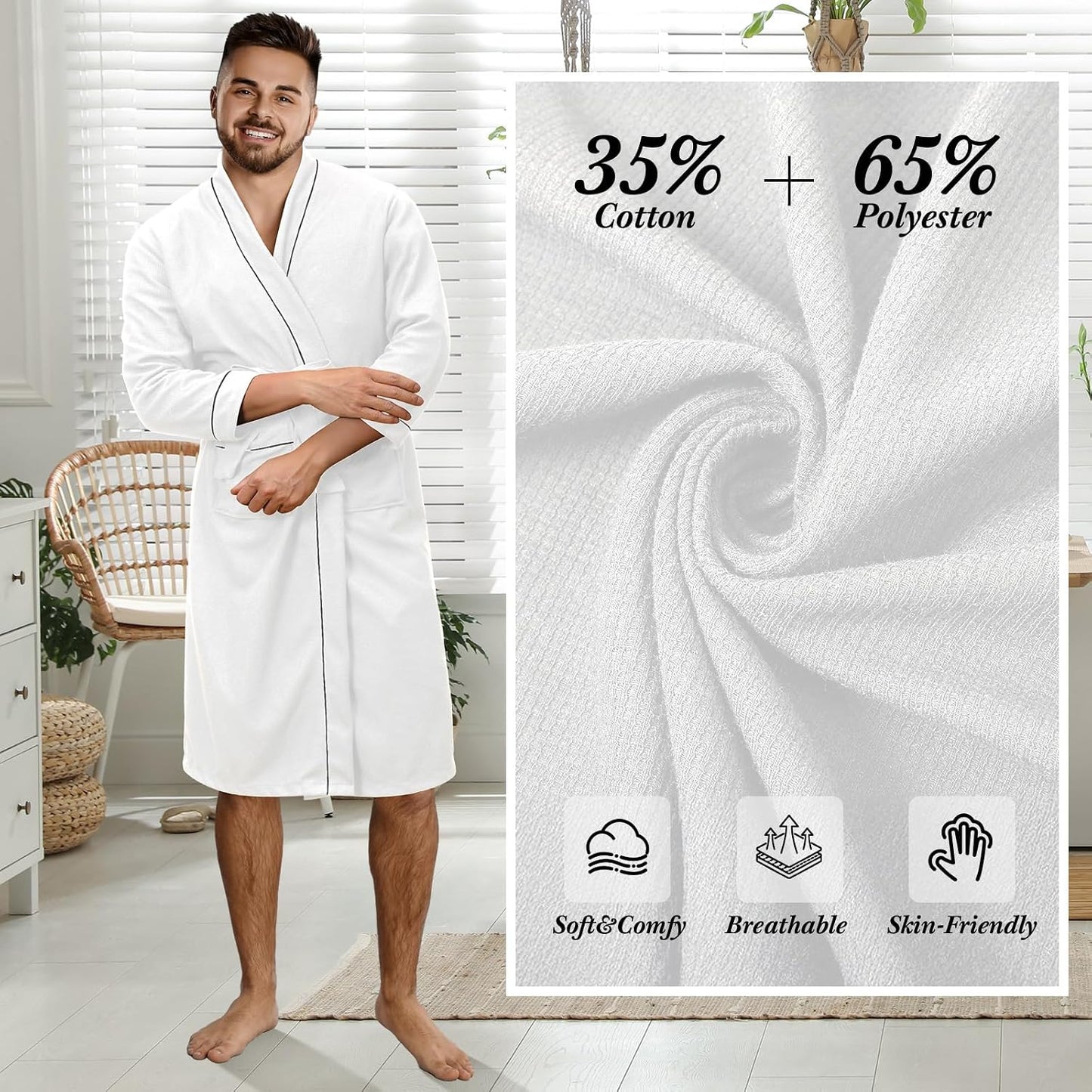 Cuffbow Cotton Robe for Women or Men Lightweight Waffle Knit Bathrobe Couple V Neck Spa Sleepwear(just 1 Set)