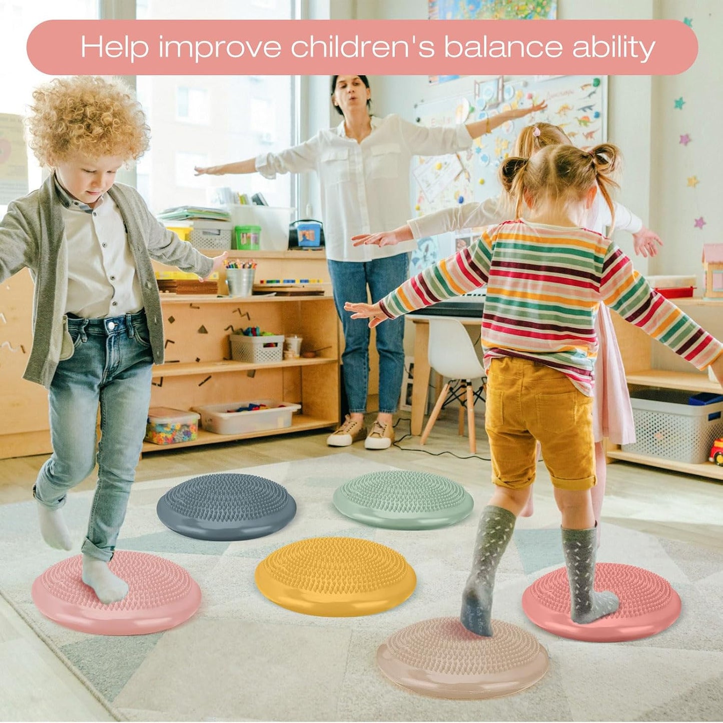 Amylove 6 Pcs Wiggle Seat Inflated Wobble Cushion for Sensory Kid 13 Inch Balance Disc Kids Flexible Seating Exercise Sensory Pad Chair Cushion for Classroom Office School (Bright)