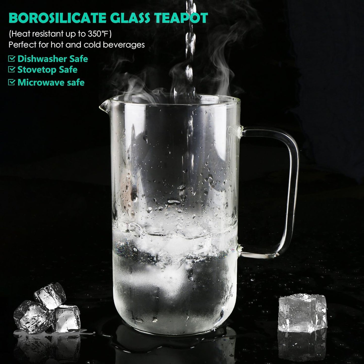 Aquach 51oz Glass Teapot with Infuser, Stovetop Safe Borosilicate Tea Pot | Dishwasher Safe, Plastic-free, Precise Loose Leaf Filter, Easy-clean Opening, Sharing Capacity