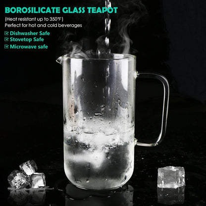 Aquach 51oz Glass Teapot with Infuser, Stovetop Safe Borosilicate Tea Pot | Dishwasher Safe, Plastic-free, Precise Loose Leaf Filter, Easy-clean Opening, Sharing Capacity