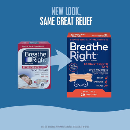 Breathe Right Nasal Strips, Extra Strength Tan Nose Strips, Drug-Free Nasal Congestion Relief for Better Breathing, Help Relieve Snoring, Caused by Colds & Allergies, Deviated Septum, 26ct