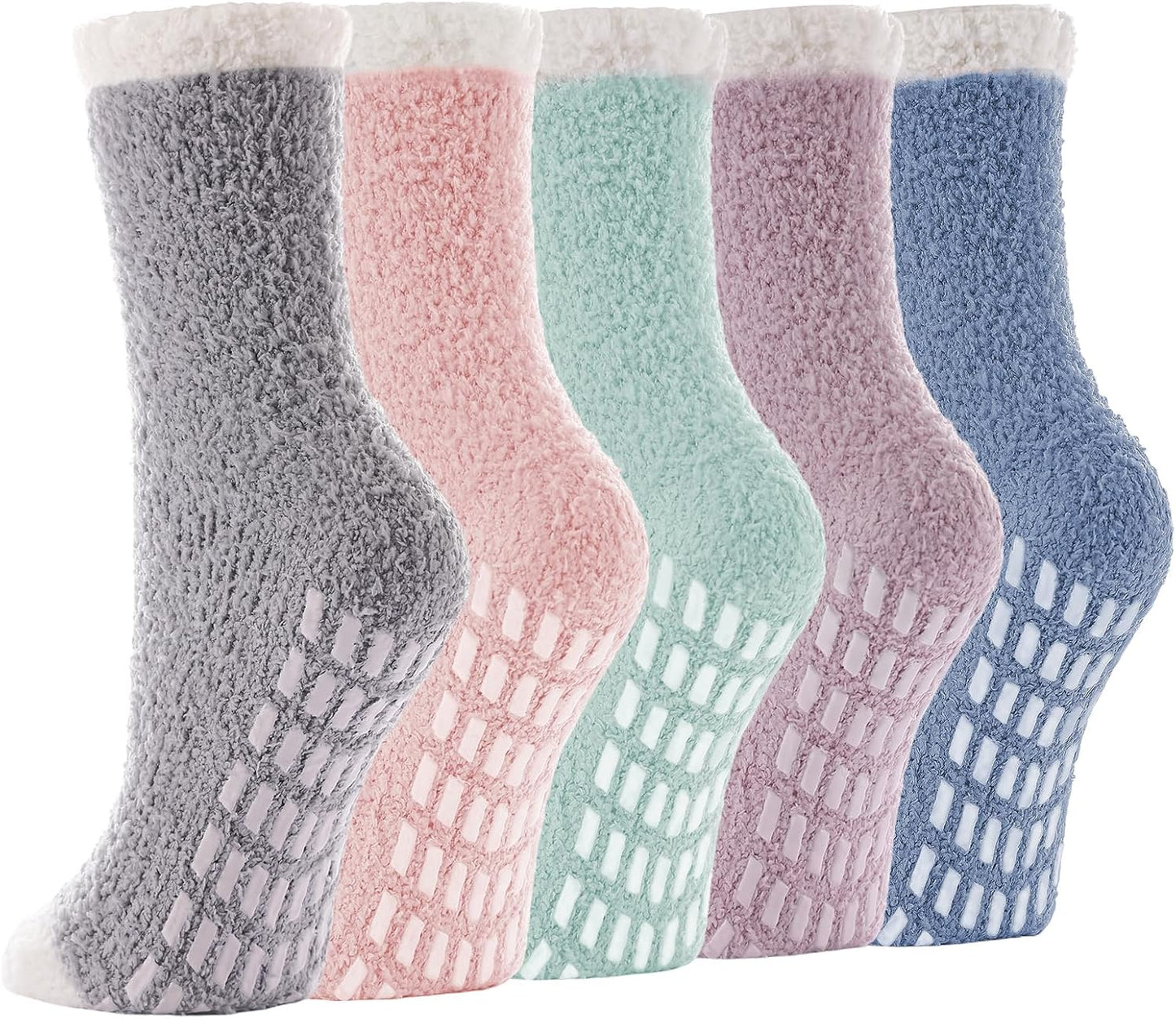 5 Pairs Fuzzy Socks with Grips for Women, Non Slip Cozy Fluffy Soft Socks, Winter Sleep Slipper Hospital