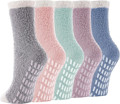 5 Pairs Fuzzy Socks with Grips for Women, Non Slip Cozy Fluffy Soft Socks, Winter Sleep Slipper Hospital