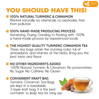 FreshDrinkUS, Premium 135 Turmeric Cinnamon Tea Bags, 100% Natural, Blend of Turmeric, and Cinnamon. Made with Natural Material Tea Bags. No Sugar. No Caffeine. Vegan.