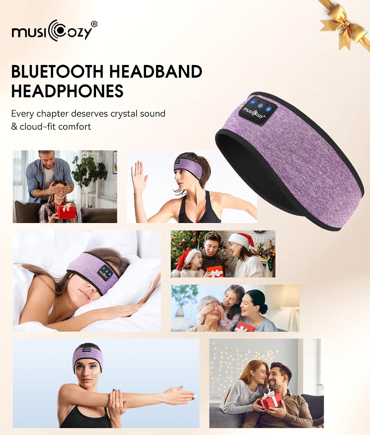 MUSICOZY Sleep Headphones Bluetooth 5.4 Headband, Wireless Earphones Music Sleep Earbuds Sleeping Eye Mask with HD Stereo Speakers for Workout Running Travel Yoga, Ideal Gifts for Men Women Mom Dad