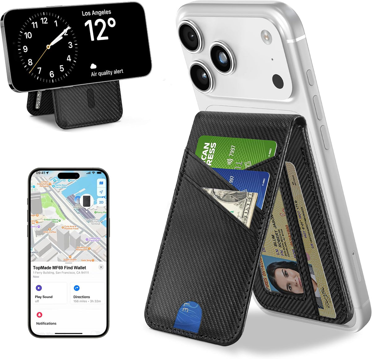 TopMade Magnetic Wallet Stand Tracker for Magsafe (iOS Only), Black