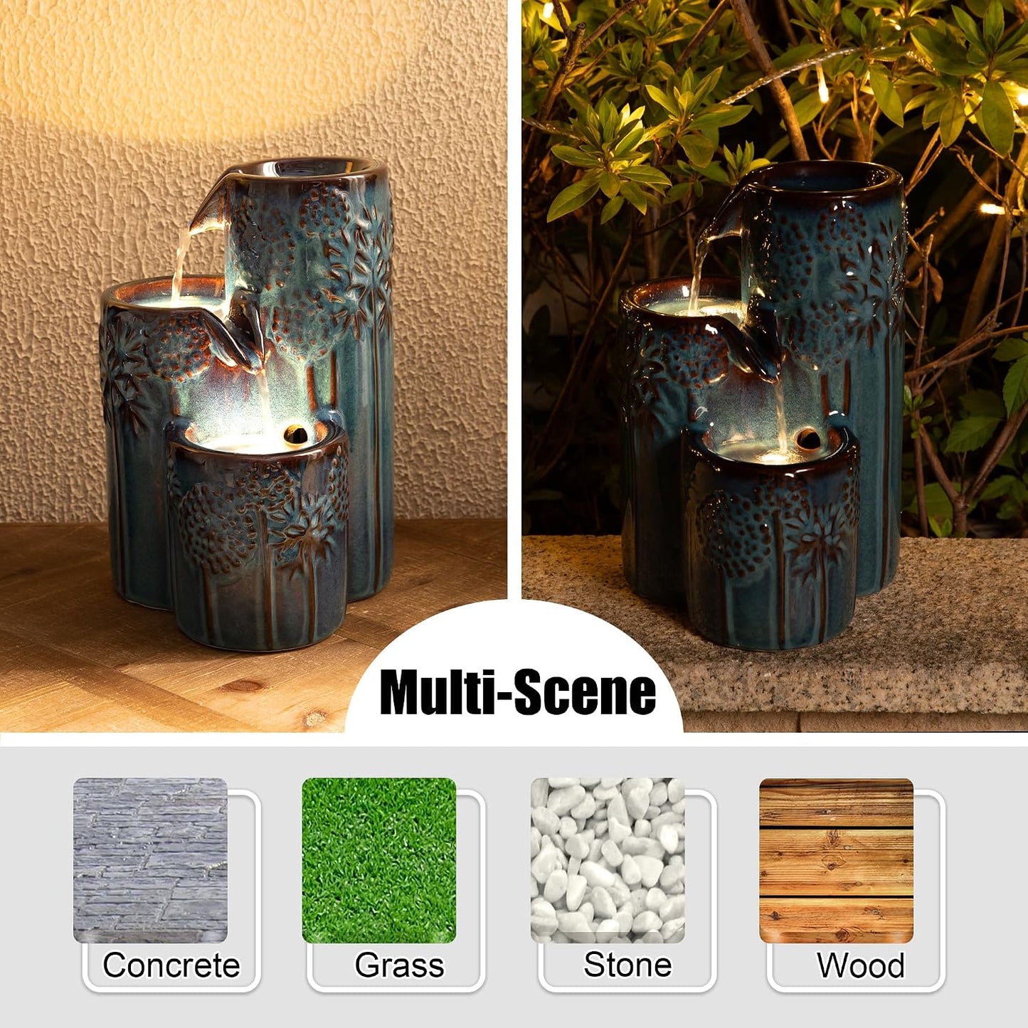 Glitzhome Ceramic Tabletop Tiered Water Fountain with Pump and LED Light 8.75'' Turquoise Leaf Textured Water Fountain Zen Decor for Indoor and Home Decoration Table Desk Office Patio