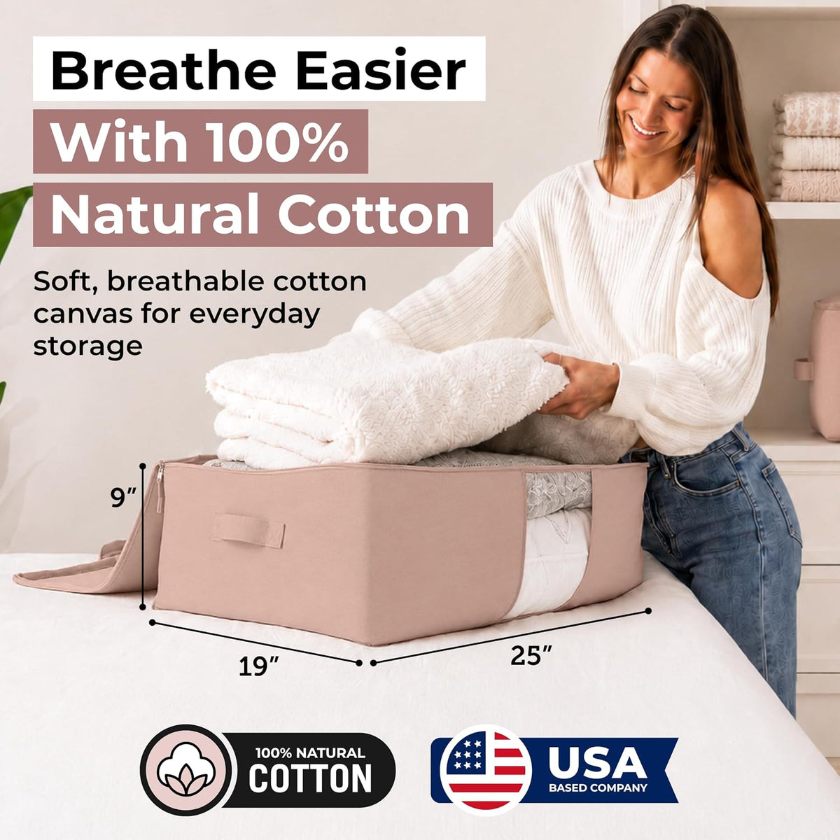 Soft Canvas Storage Bags with Zipper. Thick Breathable, 2pc King/Queen Comforter Organizer. Four Carrying Handles and Window. Large 25x19x9in Bag for Sheets Blankets Bedding Pillows, Clothes