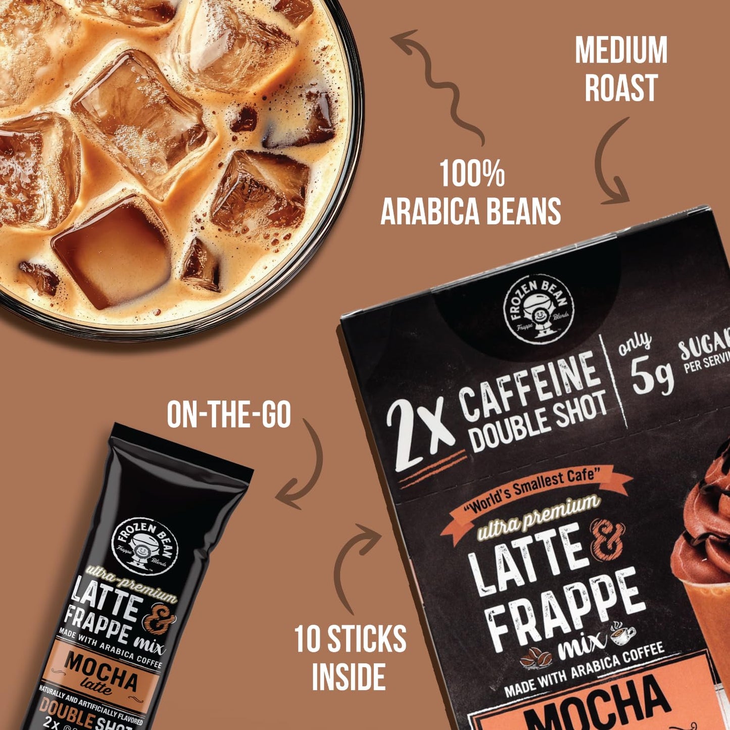 The Frozen Bean Vanilla Bean Frappe & Latte Instant Mix (10 Sticks), Made with Arabica Coffee, Double Shot Caffeine, Low Sugar & Premium Ingredients, Hot, Iced, or Blended Drinks