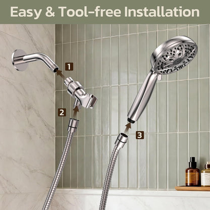 6-Setting Shower Head with Handheld, JDO High Pressure Hand held Shower Head, 4.7 Inch Chrome Detachable Showerhead Set with 59 Inch Stainless Steel Hose and Adjustable Showerhead Holder