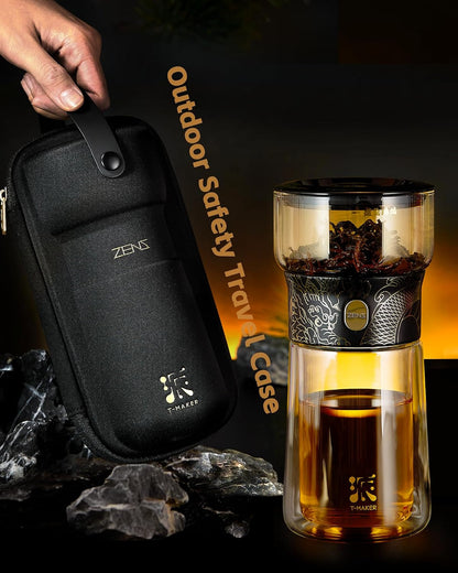 ZENS Modern Glass Infuser Teapot, One Touch Tea Maker for Loose Leaf Tea with Insulated Mug and Portable Case. Enchanted Pot Alternatives for Tea Lover Gifts