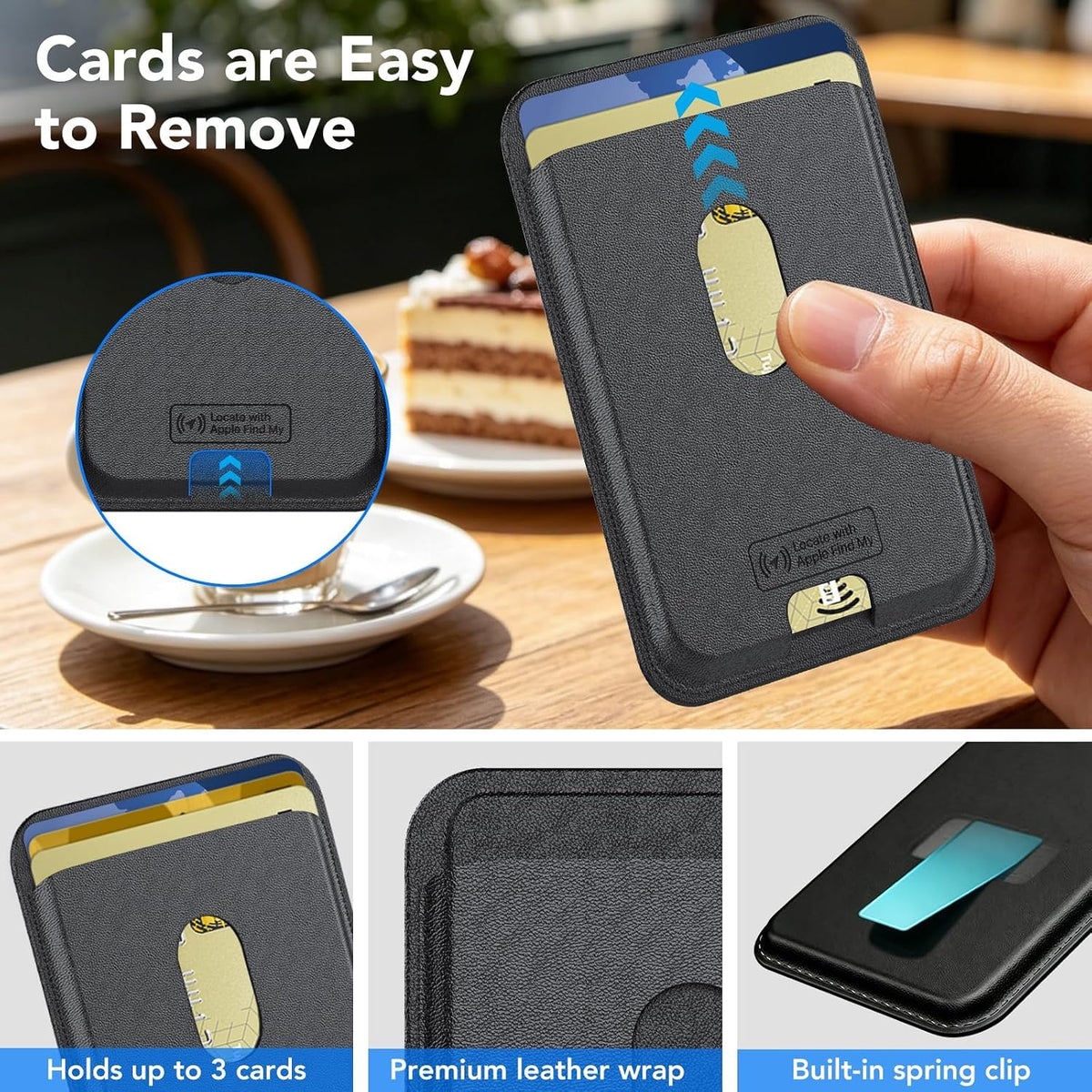 IKT for Magsafe Wallet, Work with Apple Find My Tracking, Strongest Magnetic Leather Card Holder Wallet for iPhone 17/16/15/14/13/12 Pro Max Air Plus, Wireless Charging, 3-Cards RFID Holder, Black