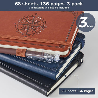 NIRMIRO (3 Pack) Pocket Notebook Small Journal with Pen, 3.7" x 5.7", A6 Mini Notebook for Women Men Work Writing, Hardcover Small Pocket Notepad with 100Gsm Premium Thick Lined Paper, Black Leather