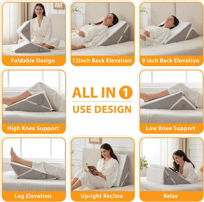 Ruqmuis 3PCS Wedge Pillow Set for After Surgery, Adjustable 9&12 Inch Bed Wedge Pillow for Sleeping, Incline Pillow Wedge for Headboard, Post Surgery, Acid Reflux, Neck&Back Support, White/Grey
