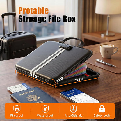 Fireproof Document Organizer with Lock, Semi-Rigid EVA Shell File Box with 13-Pocket Accordion Folder, Water-Resistant Storage for Important Documents, Passports & Certificates