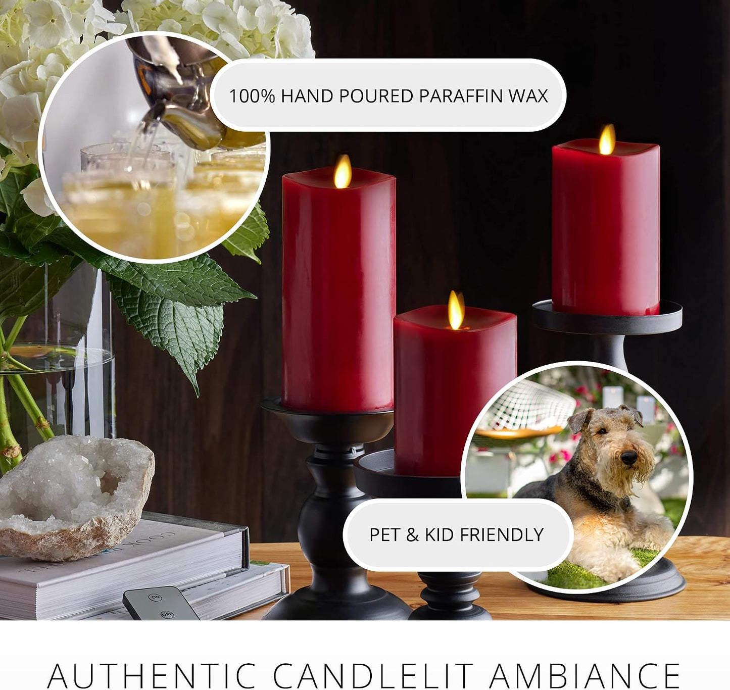 Luminara Realistic Flameless LED Set of 3 Ivory Pillar Candles, Home Safe Moving Flame Melted Top Illumination, Battery Operated Remote Control w/Timer