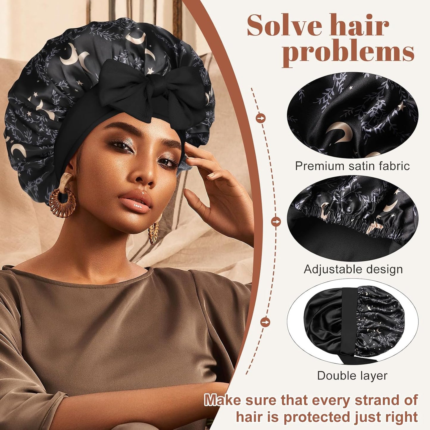 Satin Bonnet for Sleeping Cap Double Layer Hair Bonnet with Elastic Tie Band for Curly Hair Night Cap (Bean Paste + Pink)