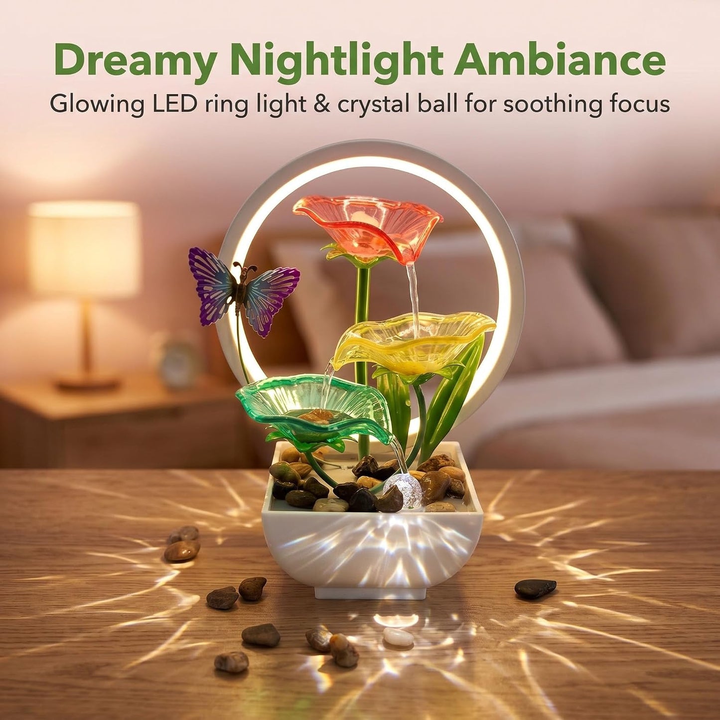 Tabletop Fountain,Indoor Water Fountain,Home Fengshui Décor Zen Relaxation Soothing Sound Machine for Office,Living Room,or Bedroom,Green Lotus,Hummingbird & Pink Flower,9.1inch