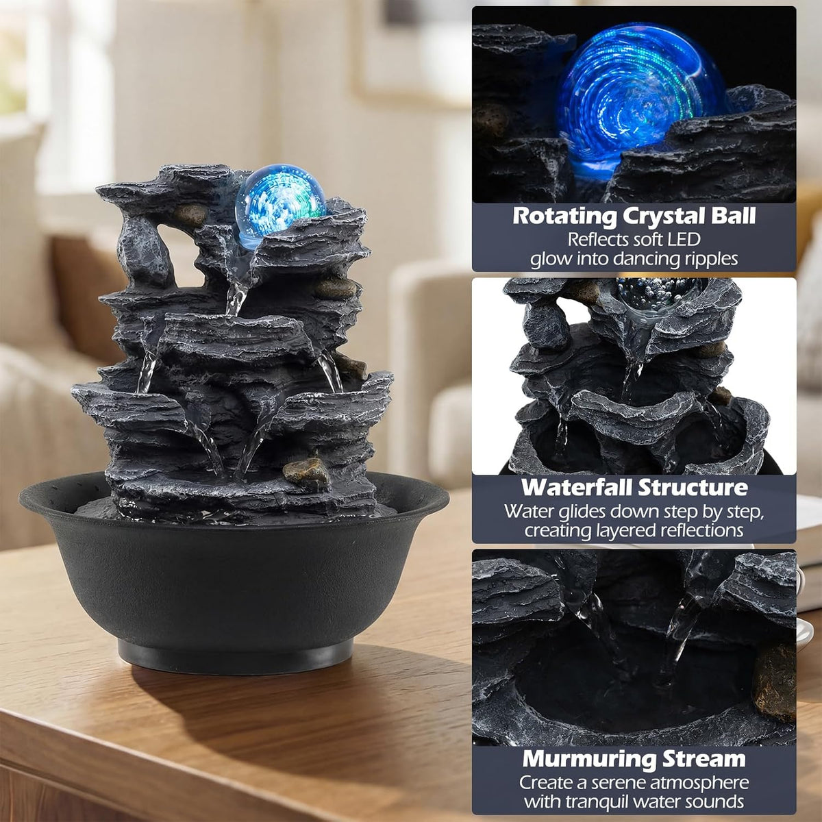 Giantex Tabletop Water Fountain with Warm LED Light, Tiered Rock Waterfall with Pump, Zen Meditation Desktop Decor for Office, Home Relaxation