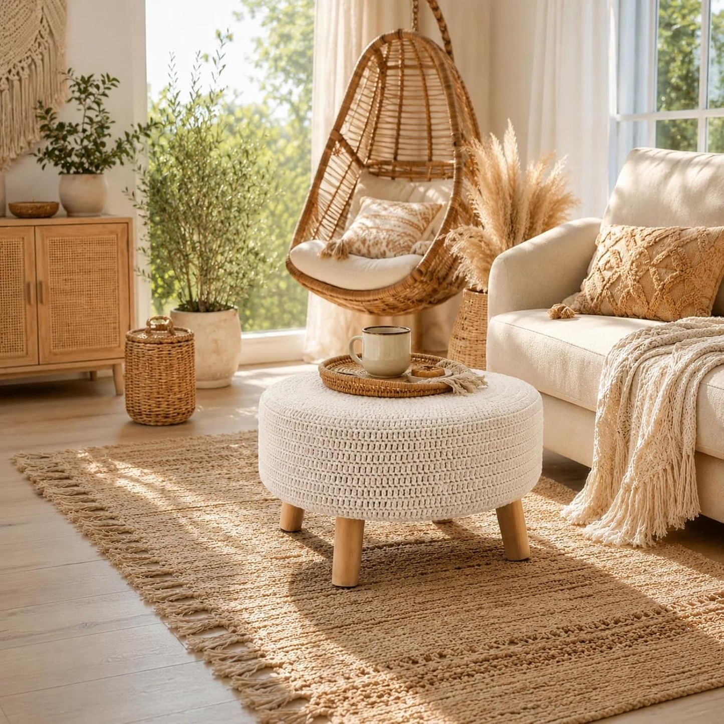 Wimarsbon Pouf Ottoman, 100% Cotton Knitted Boho Footstool, Round Footrest with Non-Skid Wood Legs, Home Décor Handmade Pouffe, Leisure Floor Step Stool for Living Room (Beige)