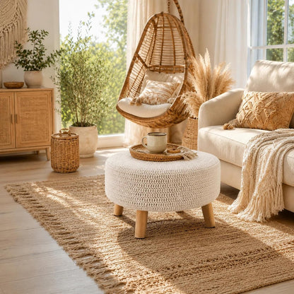 Wimarsbon Pouf Ottoman, 100% Cotton Knitted Boho Footstool, Round Footrest with Non-Skid Wood Legs, Home Décor Handmade Pouffe, Leisure Floor Step Stool for Living Room (Beige)