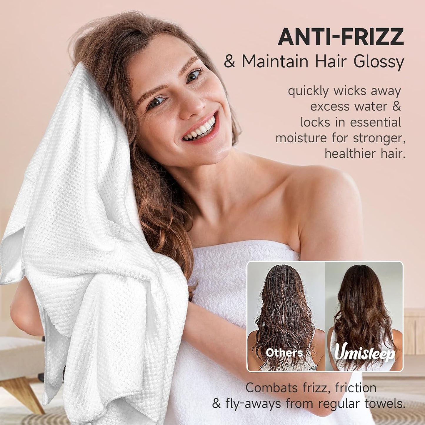 Umisleep Extra Large Microfiber Hair Towel for Women Long, Curly, Thick Hair, Super Soft Anti Frizz Quick Dry Hair Towel Wrap, Ultra Absorbent Hair Turban with Elastic Band White