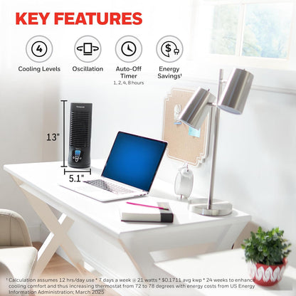 Honeywell QuietSet Personal Table Fan, Oscillating Personal Desk Fan For Bedroom with Quiet Operation, 4 Levels of Power and Sound, Black, HTF210B