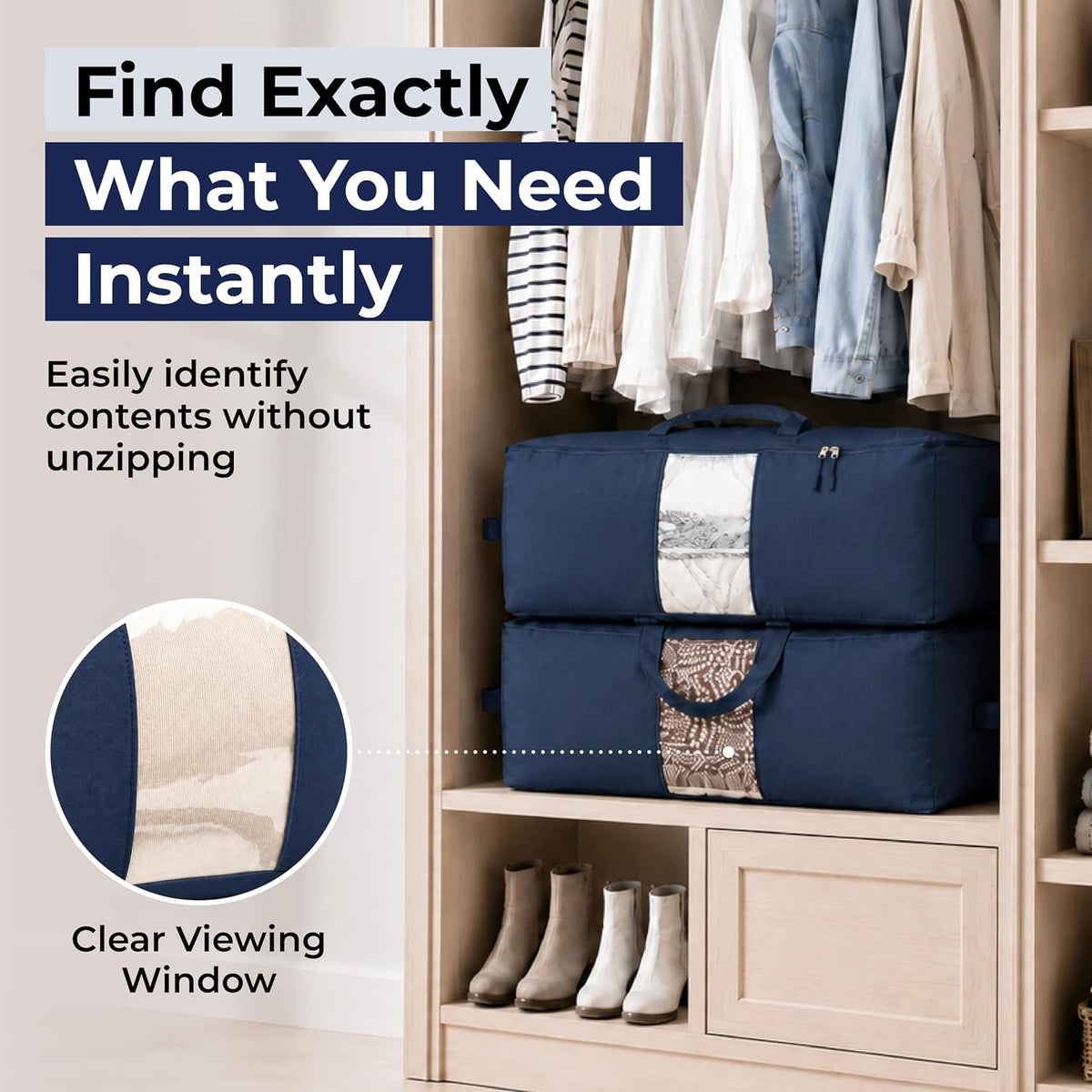 Soft Canvas Storage Bags with Zipper. Thick Breathable, 2pc King/Queen Comforter Organizer. Four Carrying Handles and Window. Large 25x19x9in Bag for Sheets Blankets Bedding Pillows, Clothes