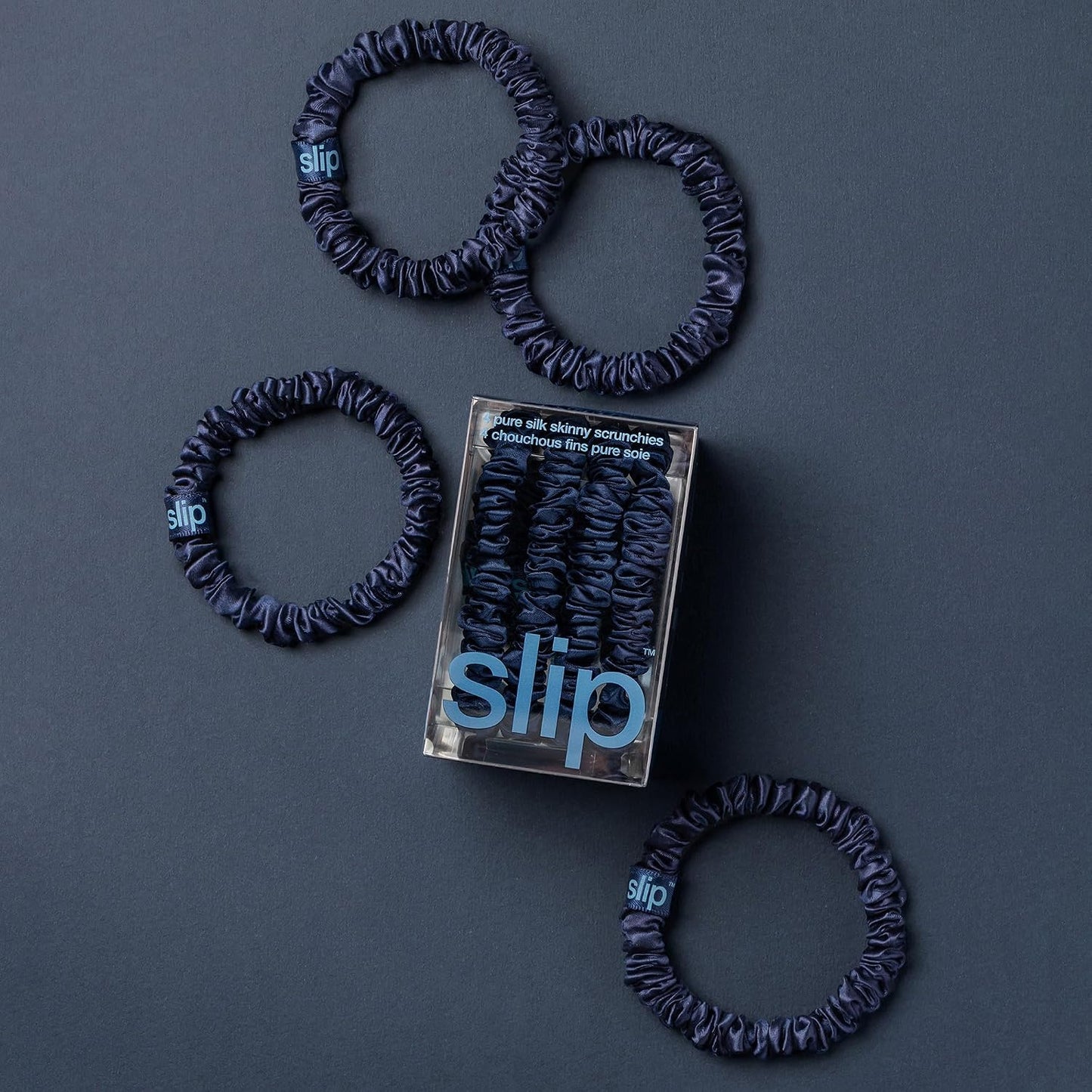 Slip Silk Hair Ties — Skinny Silk Black Scrunchies, No Damage, No Crease, Anti-Breakage |100% Mulberry Silk | All Hair Types | Made with Proprietary Slipsilk™ | Set of 4