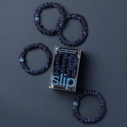 Slip Silk Hair Ties — Skinny Silk Black Scrunchies, No Damage, No Crease, Anti-Breakage |100% Mulberry Silk | All Hair Types | Made with Proprietary Slipsilk™ | Set of 4