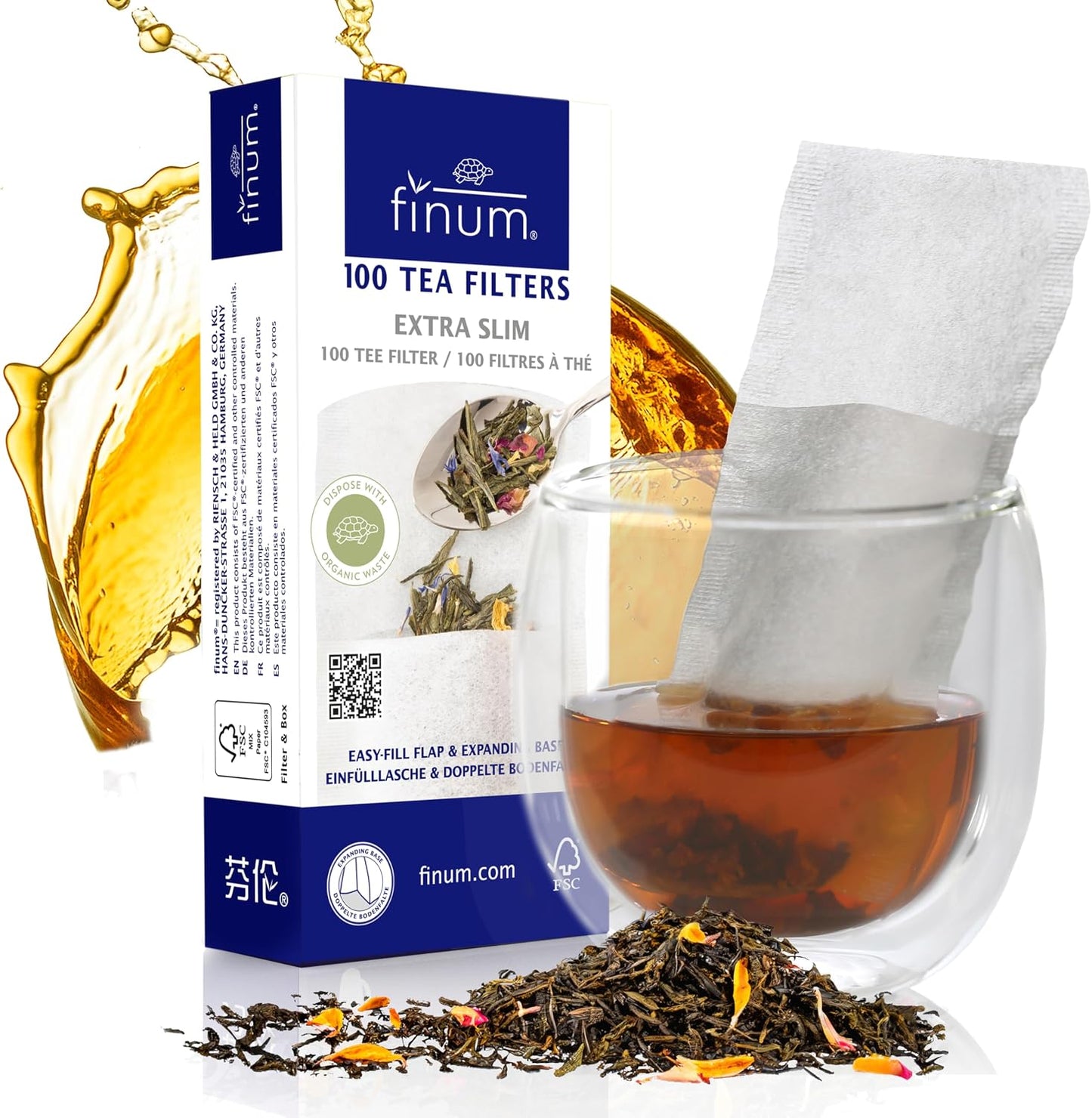 Finum Disposable Paper Tea Filter Bags for Loose Tea, Brown, Large, 100 Count