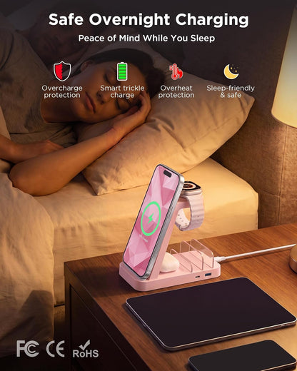 Wireless Charger for iPhone - 5 in 1 Charging Station for Multiple Devices Apple: Fast Wireless Charging Stand Dock for iPhone 17 16e 16 15 14 13 12 Pro Max Apple Watch Airpods