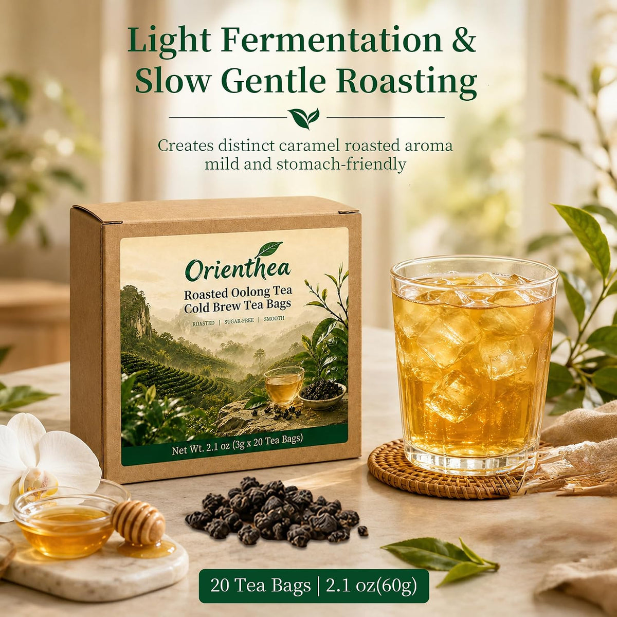 Orienthea 100% Organic Roasted Oolong Tea, Hot & Cold Brew, 20 Bags (3g)